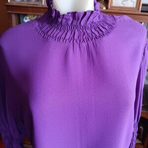 Vintage Womens Top LARGE 38 1970's Zipback  PURPLE ACETATE ELASTIC SLEEVE Ruffle